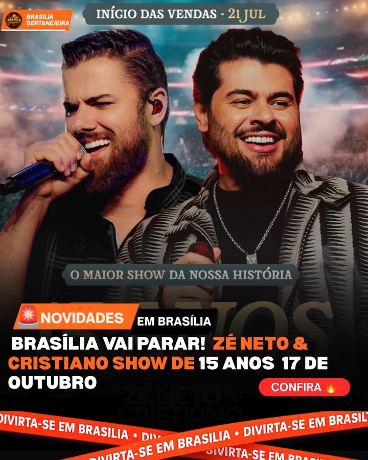 Zé Neto e Cristiano cantando em show, com arte de divulgação do show de 15 anos